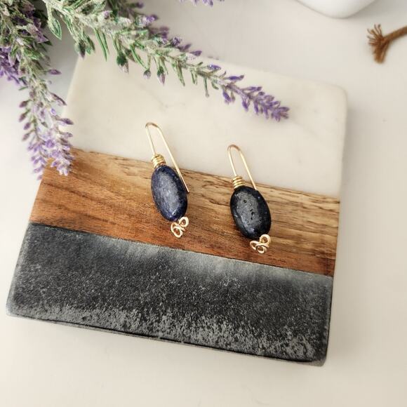 Blue Sodalite Stone Gold Wire Dangle Earrings / Minimalist Boho Style Earrings - Picture 6 of 11